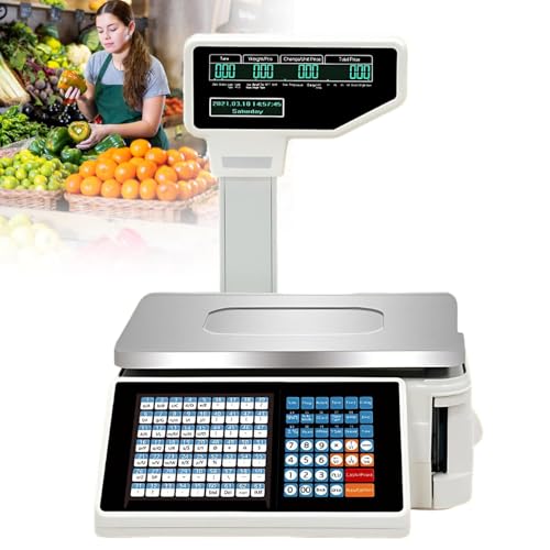 Commercial Label Printing Scale, Digital Weighing Scale with Dual Display, Receipt Printer for Food Retail, 66LB Capacity, Ideal for Grocery & Retail Markets