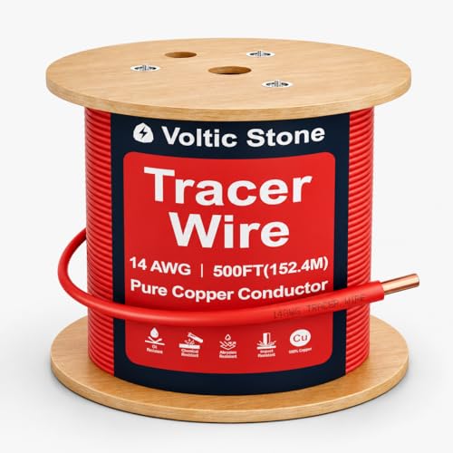 Voltic Stone 14 AWG Red Electrical Conduit Tracer Wire, True Gauge 100% Solid Copper Direct Burial Underground Locating Cable, 30/600V Rated, HDPE Jacket, Corrosion-Resistant for Power Conduit