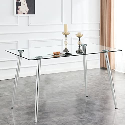 51" Glass Dining Table For 4, Modern Rectangular Kitchen Table With Spacious Tempered Glass Tabletop And Metal Legs, Dinner Table Dining Room Table For Small Spaces, Kitchen, Easy Assembly #TOP7