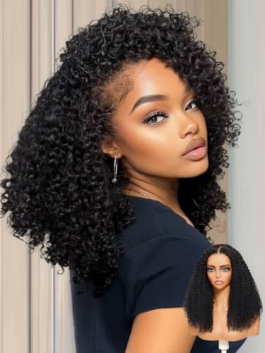 Image of 4C Kinky Edges Curly Human Hair Wig, 7x5 HD Lace Front Glueless Wig 14Inch