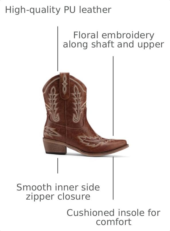 Image of Rhinestone Ankle Cowboy Boots for Women Embroidered Short Cowgirl Boots with Low Heel Side Zipper Comfortable Chunky Heel Western Booties for Prom Party Wedding Pull On Shoes
