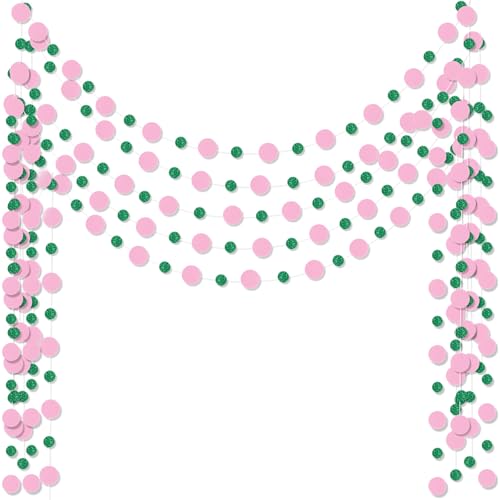 Outus 5 Pieces Pink Green Round Dots Garland Classroom Party Hanging Decor Each Length 13.1ft Glitter Paper Dot Streamers for Wedding Birthday Graduation Supplies