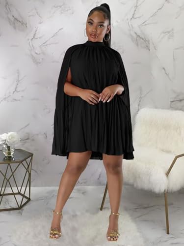Women’s Casual Cape Sleeve Pleated Split Short Dress Loose Fit Cocktail Party Flowy Dress3