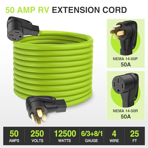 Image of Nilight 25FT 50 Amp RV Extension Cord 250V Heavy Duty 6 /3+8 /1 Gauge Pure Copper STW Wire UL ETL Listed 4 Prong 14-50P 14-50R Weatherproof Suit for EV Trailer Campers Bright Green