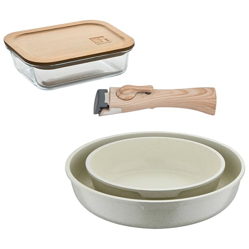Bergner Click&Cook Juego de 2 Sartenes Ø22Ø26cm Aluminio fundido Blanco con Mango desmontable+Hermético de 650ml en vidrio de borosilicato