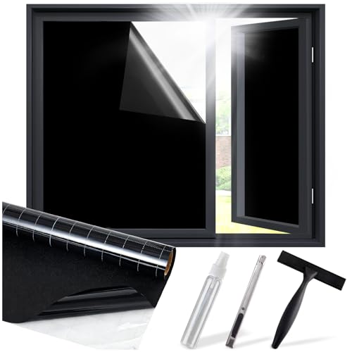 Image of SUNBABY Blackout Window Film, 100% Light Blocking for Daytime Sleep, Total Privacy & UV Sun Blocking, Static Cling No Glue Cover for Bedroom, Nursery, Home Theater, 35.4 x 78.7 Inch with 3 Tools