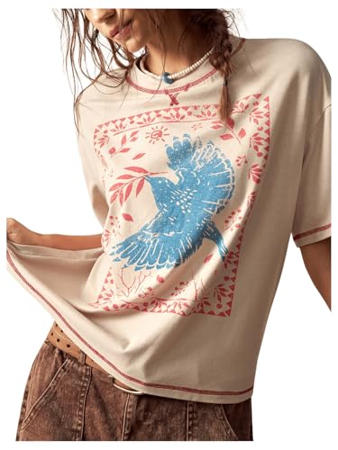 Women's Graphic Boho Short Sleeve Tee Tops Crewneck Loose Fit T Shirts Streetwear