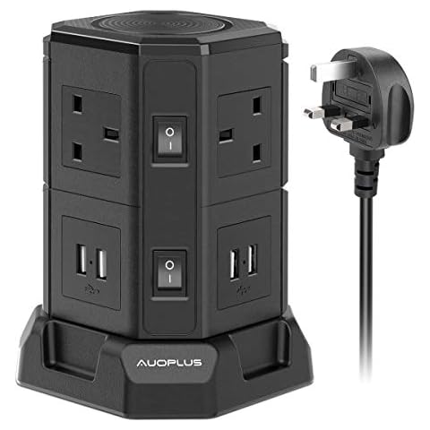 AUOPLUS Tower Extension Lead 3M, 6 Way Power Strips with 4 USB (4.5A), Multi Plug Extension Sockets, UK Mains Extension Plug for TV PC Laptops iPhones Tablets - Black Cover