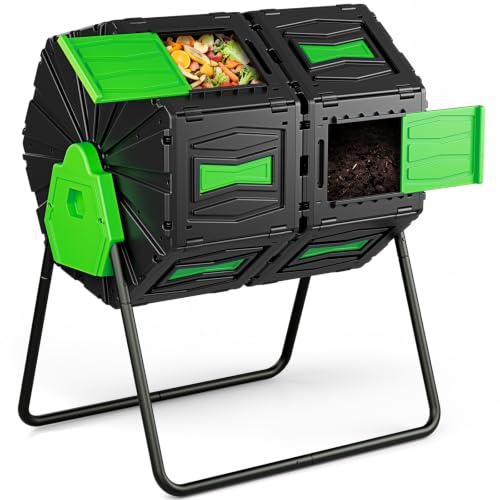 Compost Tumbler, Easy Assemble & Efficient Outdoor Compost Bin, 45 Gallon/170 Liter Large Dual Chamber Rotating Composter for Garden, Kitchen, and Yard Waste, Green Door
