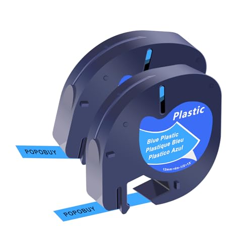 POPOBUY Paquete de 2 cintas de plástico azul compatibles con Dymo Letratag 91335 S0721650, 12 mm x 4 m, negro sobre azul, para etiquetadora Letra Tag LT100H LT100T QX50 XR