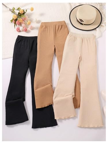 WDIRARA Girl's 3 Pack Elastic Waist Flare Pants Ribbed Bell Bottoms Pants Lettuce Trim Trousers2