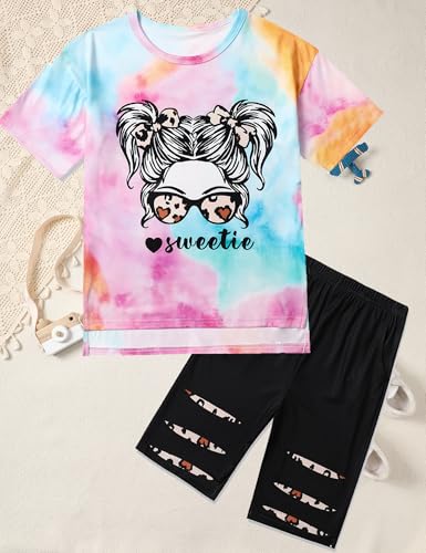 Image of Girls Clothes Short Sleeve Tie Dye Top Shorts and Pants 2PCS Girls Summer Outfits Size 6-16