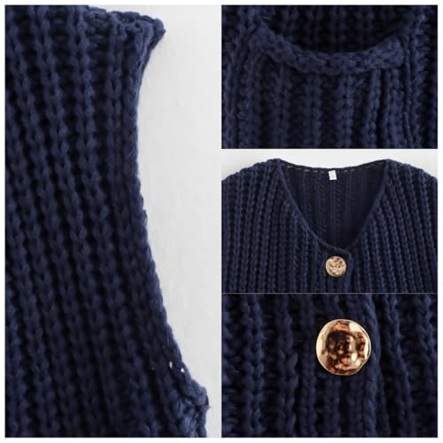 Image of Women's Sleeveless Chunky Knit Cardigan V-Neck Button Down Vest Casual Loose-Fitted Crochet Sweater with Pockets 2024