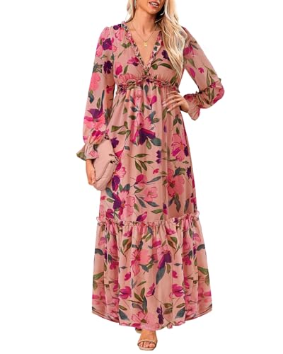 Pinup Fashion Fall Long Sleeve Maxi Dress - Casual Boho Chiffon Deep V Neck Long Flowy Dresses