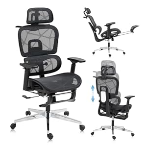 Ergonomic Mesh Office & Gaming Chair with Footrest, High Back Home Office Desk Chair, Comfortable Lumbar Support, 130° Tilt, Adjustable 3D Armrest & 2D Headrest (Black)