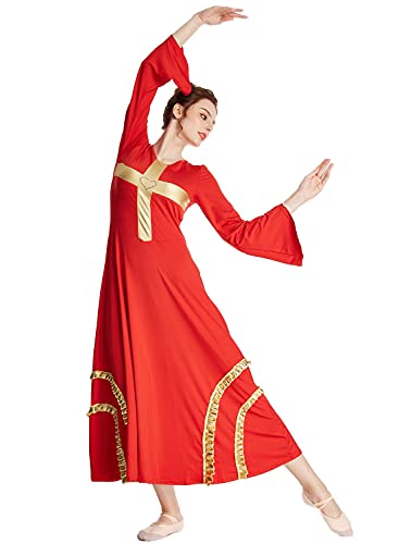 HIHCBF Women Praise Dance Cross Robe Bell Sleeve Worship Dresses Metallic Ruffles Wide Swing Liturgical Lyrical Costume Red M
