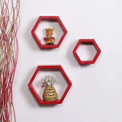 Mehak Store Set of 3 Hexagon Shelves for Wall Decor,Floating Shelves Wall Mounted,Farmhouse Pine Wall Shelf for Living Room Decor,Bedroom Decor,Kitchen or Bathroom Decor, (Red)