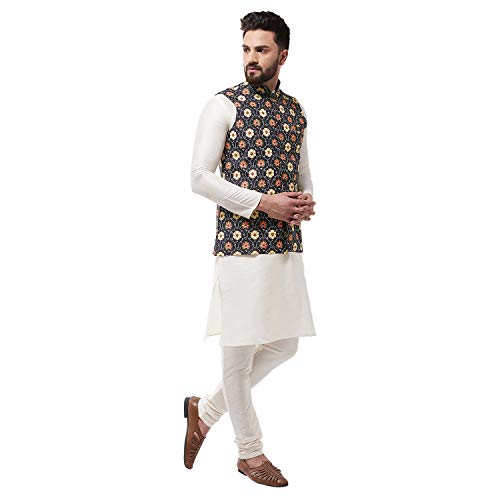 Image of SOJANYA (Since 1958, Men's Silk Blend Pink Kurta Pyjama & Printed Nehrujacket Combo