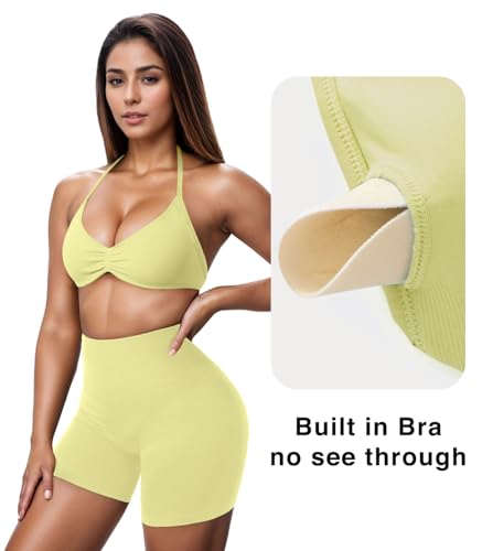 Image of OMKAGI Halter Sports Bras for Women Padded Strappy Bra Open Back Workout Gym Crop