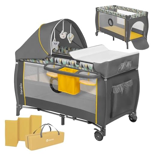 Lionelo Sven Plus 2 in 1 Baby Bett Laufstall Baby ab Geburt bis 15 kg Wickelauflage Moskitonetz luftige Seitenwände mit Seiteneingang Tragetasche zusammenklappbar (Yellow Scandi)