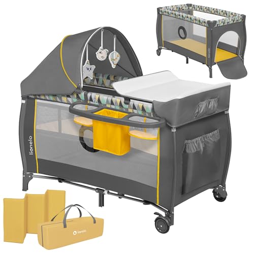 lionelo Sven Plus Cuna de Viaje para bebés 0-36M para niños hasta 15 kg Función de Cambiador Mosquitero Apertura Lateral con Cremallera Ajuste de Altura (Amarillo)