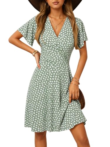 Oyamiki Summer Dresses Casual V Neck Beach Fashion Wrap Dress A-Line Flared Sleeve Green Swing Floral Sundress S