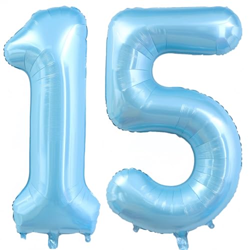 Image of Pastel Blue 15 Balloon Number, Light Blue 15 Balloons for Birthday Party | Number 15 Balloon,40 Inch,Pastel Blue,Helium-fillable,15 Foil Mylar Balloons,for Birthday Party Anniversary Decorations