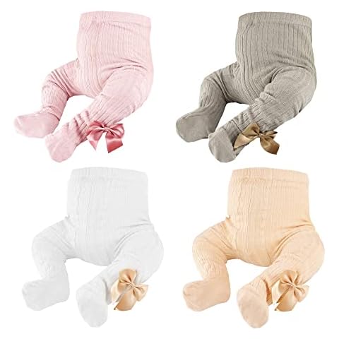 OioTuyi Baby Knitted Tights Seamless Cotton Leggings Pack of 3 Tights for Girls Newborn Toddlers 0-2Y, Pink, white, grey, yellow, 6-12 Months Cover