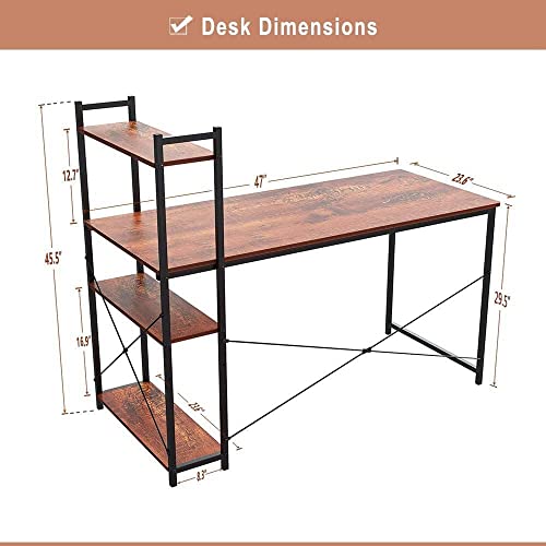 Image of Computer Desk with 4 Tiers Storage Shelves for Home Office Bedroom Solid Wood Study Table
