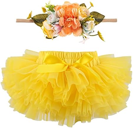 HOOLCHEAN Infant Toddler Baby Girls Super Soft Fluffy Tutu Skirt and Headband Set with Diaper Cover Bloomer Yellow 1, 6-12 Months