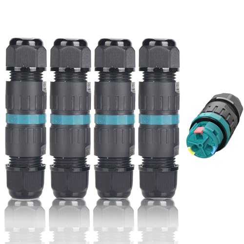 Conector de cable estanco IP68 4 pack Ø4mm Ø12mm Certificación TÜV Manguito de conexión eléctrico exterior 3 pines para jardín | Al aire libre | Caja de conexiones impermeable de 2 vías, Negro