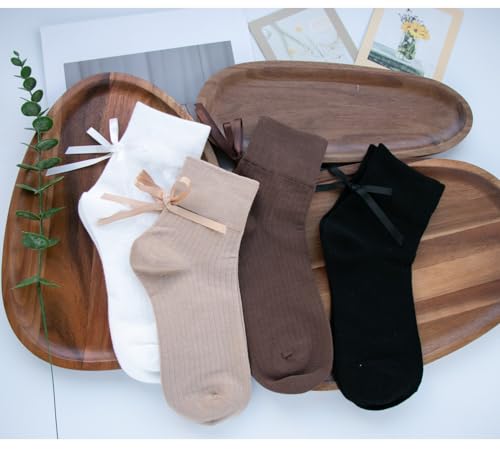 Image of Women's Bow Crew Socks - Cotton Sweet Lolita Dress Breathable Soft Girls' Socks - 3 Pairs