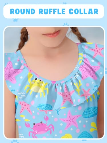 Kimoda 5T 6T Sea Bathing Suit for Girls Summer One Piece Swimsuit Blue Ocean Crab Starfish Ruffle Swimwear with Bow — view 3