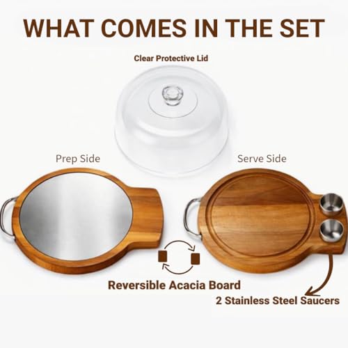 Plato para Filetes Premium de Madera de Acacia con Tapa en Cúpula – Tabla de Cortar de Acero Inoxidable para Reposo de Carnes – Bandeja Híbrida Reversible para Barbecue, Charcutería y Entretenimiento miniatura 2