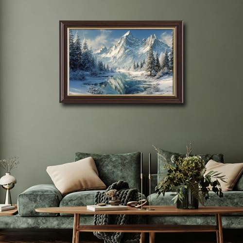 Image of Framed Vintage Snow Mountain Canvas Wall Art, Winter Pine Forest Lake Landscape Canvas Prints Pictures, Rustic Cabin Wall Decor for Living Room Bedroom Farmhouse Home Aesthetic