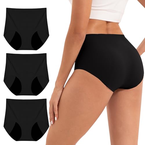 INNERSY Black No Vpl Period Underwear Light Flow High Waist Menstrual Knickers No Seam Pants 3 Pack (16, 3 Black)