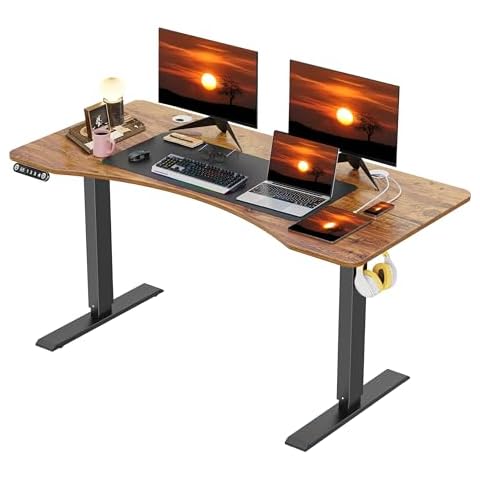 KORGOL Curved Electric Standing Desk 55 x 24 Inches Adjustable Height Ergonomic Sit Stand Up Desk for Home Office Computer Workstation with 2 USB Ports 3 Power Outlets Memory Preset Wheels, Walnut Cover