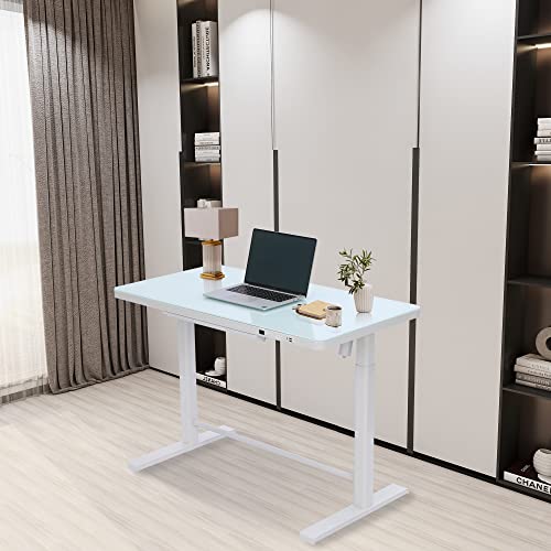 Farray Electric Glass Standing Desk With Drawer, 45 X 24 Inch Adjustable Height Desk With Power Strip & Usb Ports, White Stand Up Desk, Sit Stand Desk Glass Top #TOP1