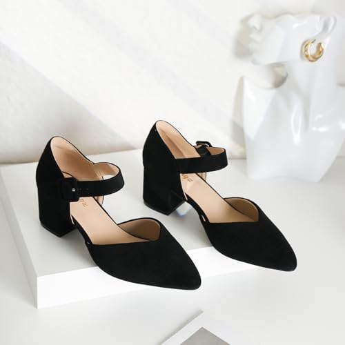 Image of RIBONGZ Comfortable Kitten Heels for Women Pointed Closed Toe Ankle Strap Buckle Heels Slip on Low Heel Church Pumps Wedding Bridal Party Dressy Shoes