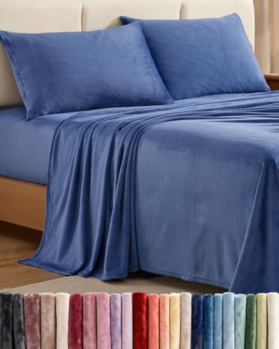 Image of Fleece Sheets King Size Set - 4-Piece Flannel Sheet Set - Washed Blue