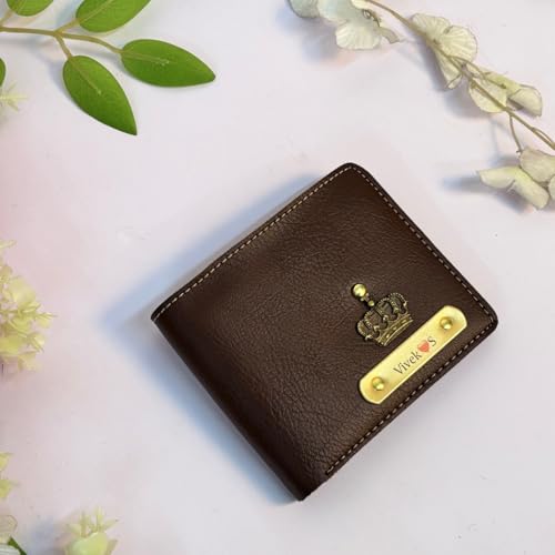 Image of Personalized Name & Charm Leather Wallet for Men |Customized Valentine Propose Day Gifts for Men Boy Teens Boyfriend Husband Father Friend Family Office Lover Couples (Brown)