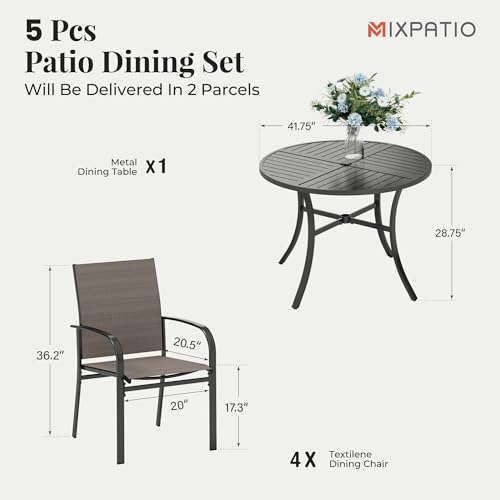 Image of MIXPATIO Patio Table and Chairs Set for 4, 5 Pieces Outdoor Dining Set, 4 Brown Textilene Chairs and 42 inch Metal Round Table with Umbrella Hole, for Deck Garden Backyard Lawn Poolside
