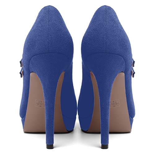 AMBELIGHT Womens Suede Evening Buckle Round Toe Platform Dress Ankle Strap Solid Stiletto High Heel Pumps Shoes 4.7 Inch4