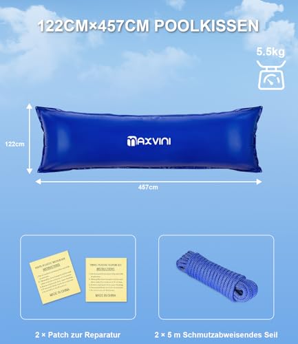 MAXVINI Poolkissen 122×457CM XXXL Poolkissen Rechteckig zur Poolabdeckung, Pool Kissen inkl. 5m Seil ×2 & Reparaturset, Pool Luftkissen bis -25°C Doppelnaht Sicherheitsventil