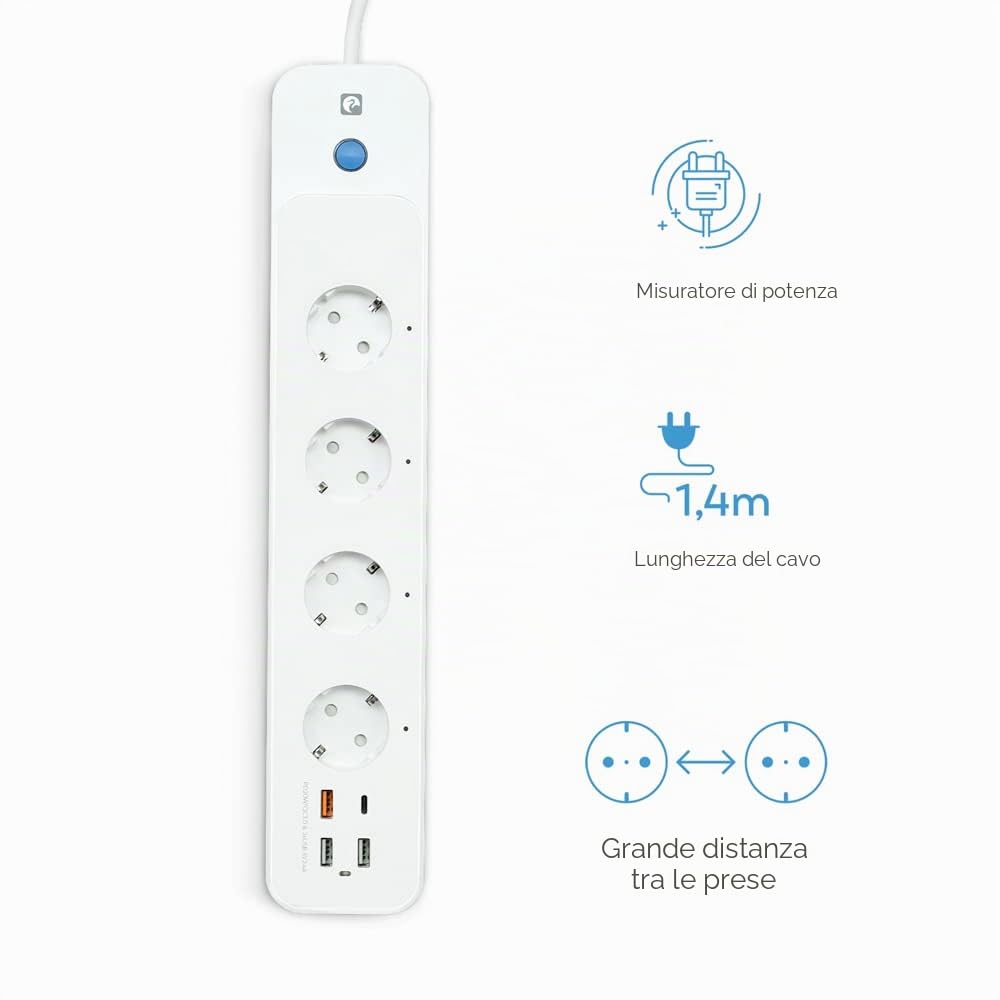 Garza Smart - Ciabatta elettrica WiFi intelligente con interruttore, 4 prese, 2 USB tipo A, USB C e USB 3.0 carica rapida PD20W/QC3.0, WiFi 2.4GHz, programmabile, controllo app e voce