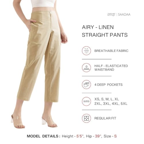 Image of SAADAA Women's Airy Linen Straight Pants | Regular Fit Trousers | Half Elasticated with Drawstrings & Buttons | 4 Pockets | Everyday & Office Wear