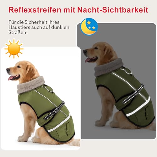 Woiil Hundemantel Wintermantel, Hundejacke Wasserdicht für Grosse Hunde mit Verstellbaren Schultergurten, Warm Hundemantel aus Fleece, Reflektierende Streifen,Geeignet für Labrador Olivgrün, XL