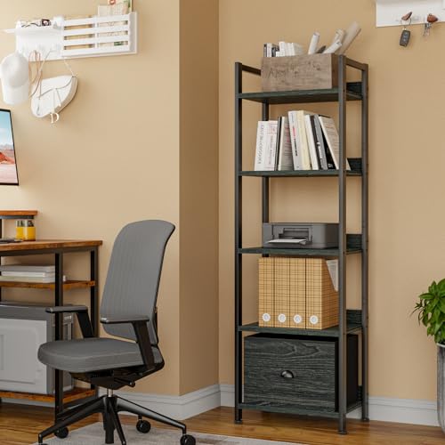 Image of Furologee 5 Tier Bookshelf with Drawer, Kitchen Bakers Rack with Storage, Tall Narrow Bookcase, Industrial Free Standing Display Shelf, Wood and Metal Book Shelf for Bedroom, Living Room, Black