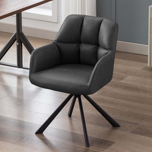 Image of Finch Fox Battle Modern 360 Swivel Mid-Back Arm Faux-Leather Study Upholstered Comfortable Metal Base Computer Office Desk Chair in Black Color