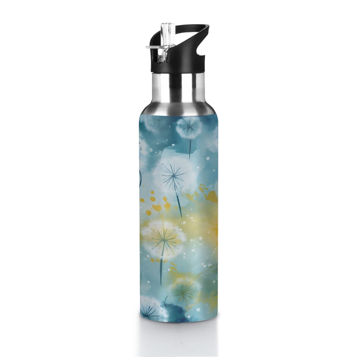VQUVQV Stainless Steel Water Bottle with Straw Lid, 600ml Insulated Leakproof Sports Bottle Thermal Flask for Cold and Hot Drink, Flying Dandelions